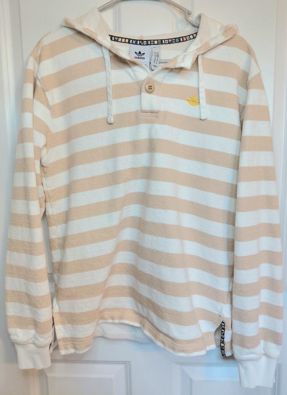 Adidas Originals Nice Knitted Hoodie Tan White Striped Henley Sweater Size Med